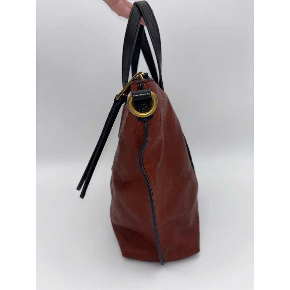 FOSSIL Satchel Brown Leather Handbag Bag‎ Black Suede Skylar RARE Brass Y2K
